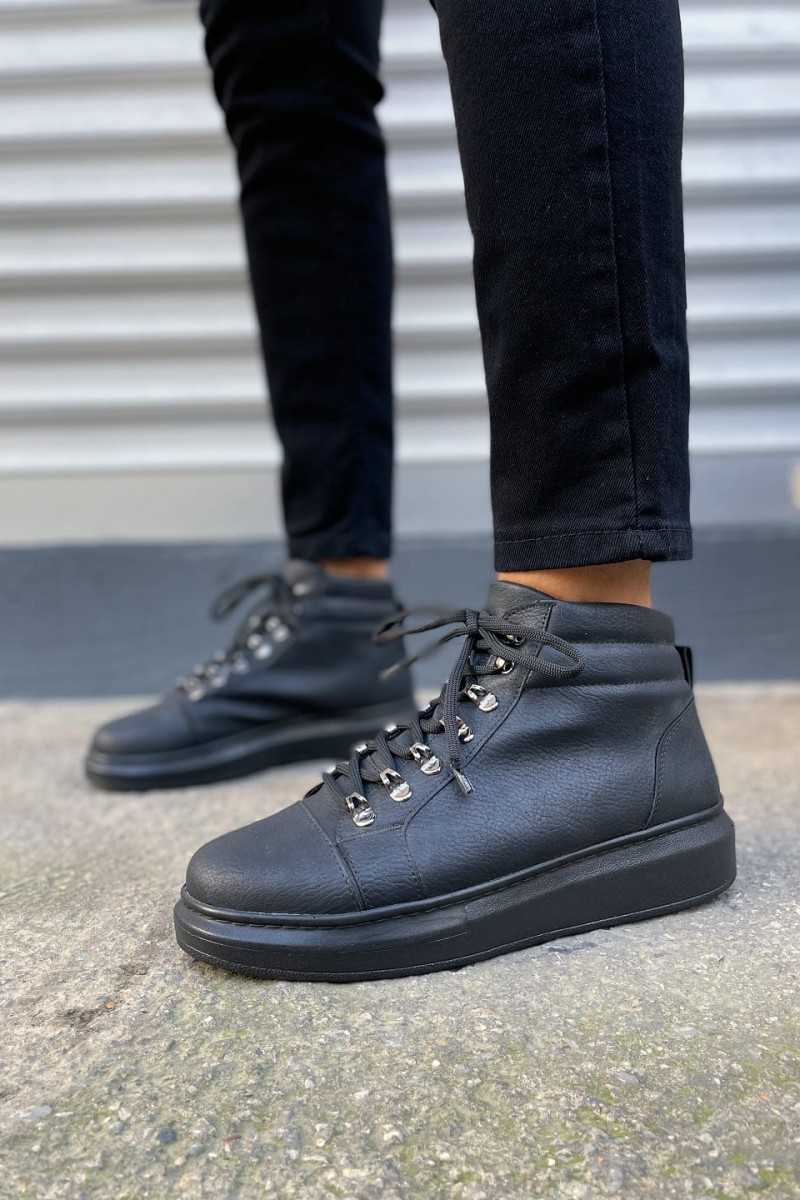 JY206 Ottawa Bağcıklı Ortopedik Taban Cilt Erkek Spor Bot CST - Siyah