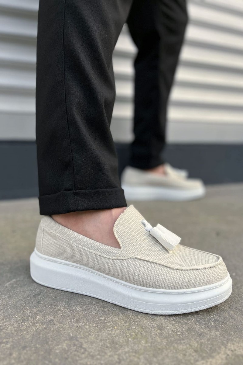 JY154 Blaze Bağcıksız Püsküllü Keten Erkek Günlük Spor Klasik Ayakkabı KBT - Beyaz