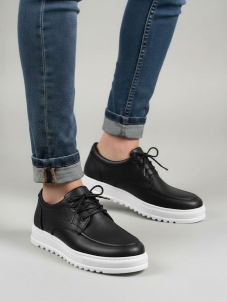 JY-T12x Arts Bağcıklı Cilt Erkek Günlük Spor Klasik Ayakkabı CBT - Siyah