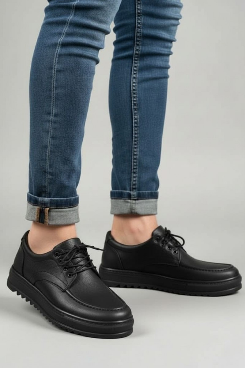 JY-T12x Arts Bağcıklı Cilt Erkek Günlük Spor Klasik Ayakkabı CST - Siyah