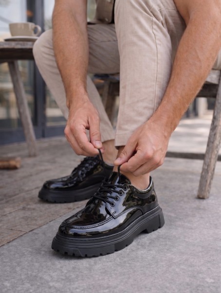 JY06 Solven Bağcıklı Rugan Erkek Günlük Spor Klasik Ayakkabı RST - Siyah