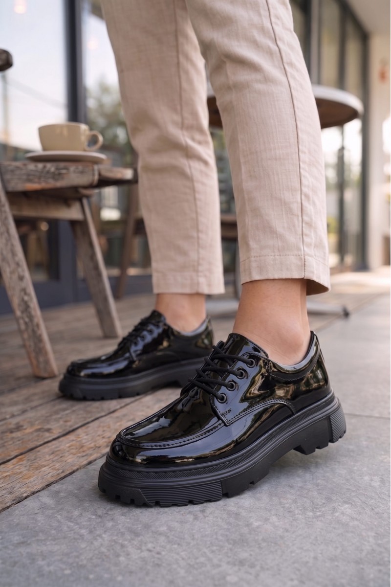 JY06 Solven Bağcıklı Rugan Erkek Günlük Spor Klasik Ayakkabı RST - Siyah