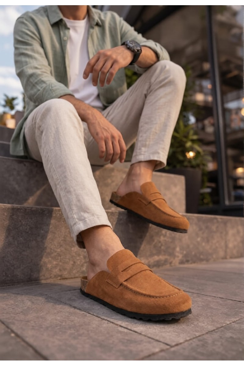 JY0456 Rayn Bağcıksız Hakiki Süet Deri Erkek Günlük Mantar Taban Loafer Klasik Ayakkabı HDMT - Taba