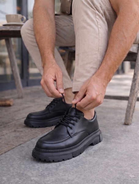 JY06 Solven Bağcıklı Cilt Erkek Günlük Spor Klasik Ayakkabı CST - Siyah