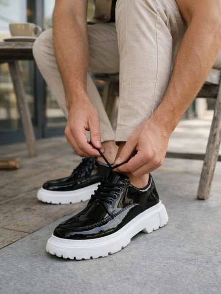 JY06 Solven Bağcıklı Rugan Erkek Günlük Spor Klasik Ayakkabı RBT - Siyah