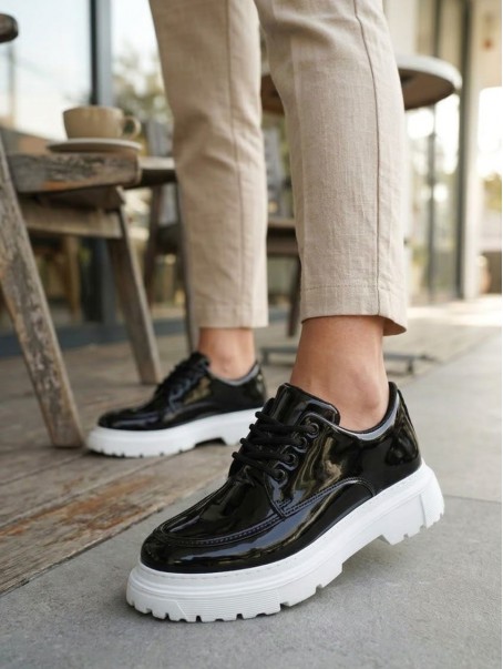 JY06 Solven Bağcıklı Rugan Erkek Günlük Spor Klasik Ayakkabı RBT - Siyah