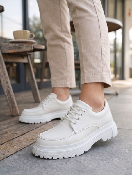 JY06 Solven Bağcıklı Cilt Erkek Günlük Spor Klasik Ayakkabı CBT - Beyaz