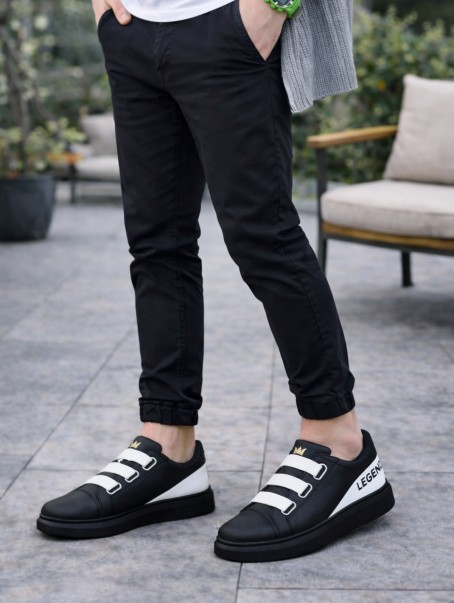JY029 Mono Bağcıksız 3 Bantlı Lastikli Legend Cilt Erkek Günlük Sneaker Ayakkabı CST - Siyah/Beyaz