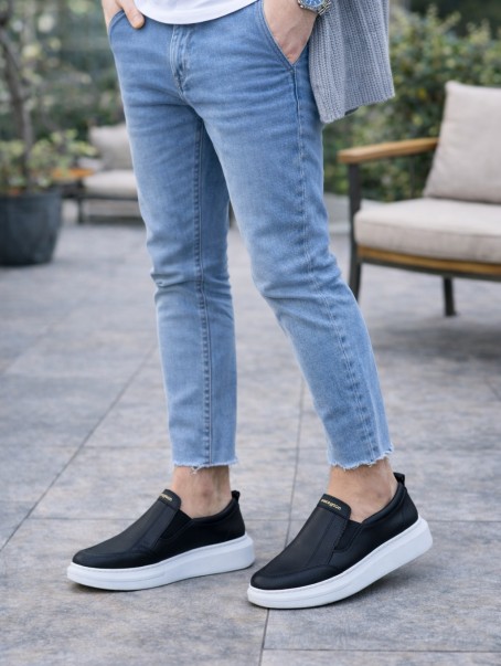 JY049 Ease Bağcıksız Erkek Günlük Cilt Spor Sneaker Ayakkabı CBT - Siyah