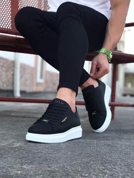 JY01 Bront Bağcıklı Cilt Erkek Günlük Sneaker Ayakkabı CBT Siyah