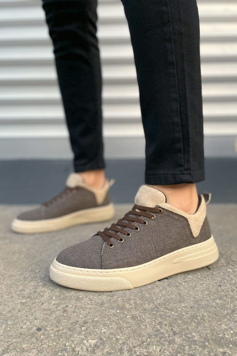 JY204 Flex Bağcıklı Keten Kumaş Erkek Günlük Sneaker Ayakkabı KKT - Kahverengi/Krem