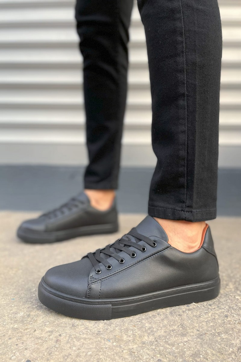 JY122 Mode Bağcıklı Cilt Erkek Günlük Sneaker Ayakkabı CST - Siyah