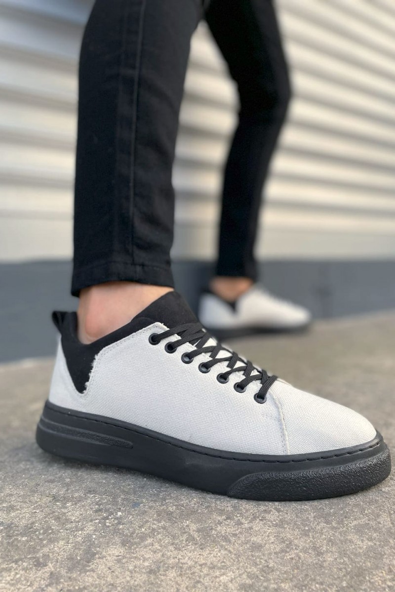 JY204 Flex Bağcıklı Keten Kumaş Erkek Günlük Sneaker Ayakkabı KST - Beyaz/Siyah