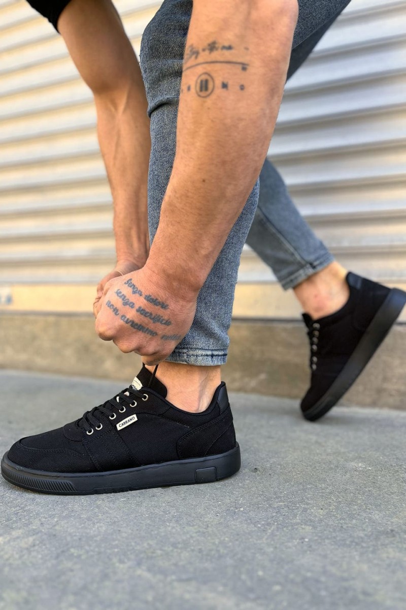 JY0118 REX Bağcıklı Keten Kumaş Erkek Günlük Sneaker Ayakkabı KST - Siyah