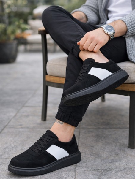 JY011 Line Erkek Günlük Bağcıklı Süet Spor Sneaker Ayakkabı SST - Siyah/Beyaz