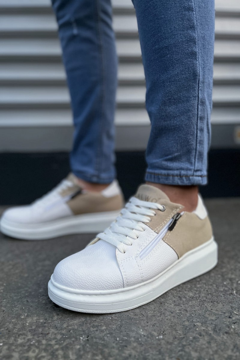 JY155 Warrior Bağcıklı ve Fermuarlı Cilt Süet Erkek Günlük Sneaker Ayakkabı CSBT - Beyaz/Krem