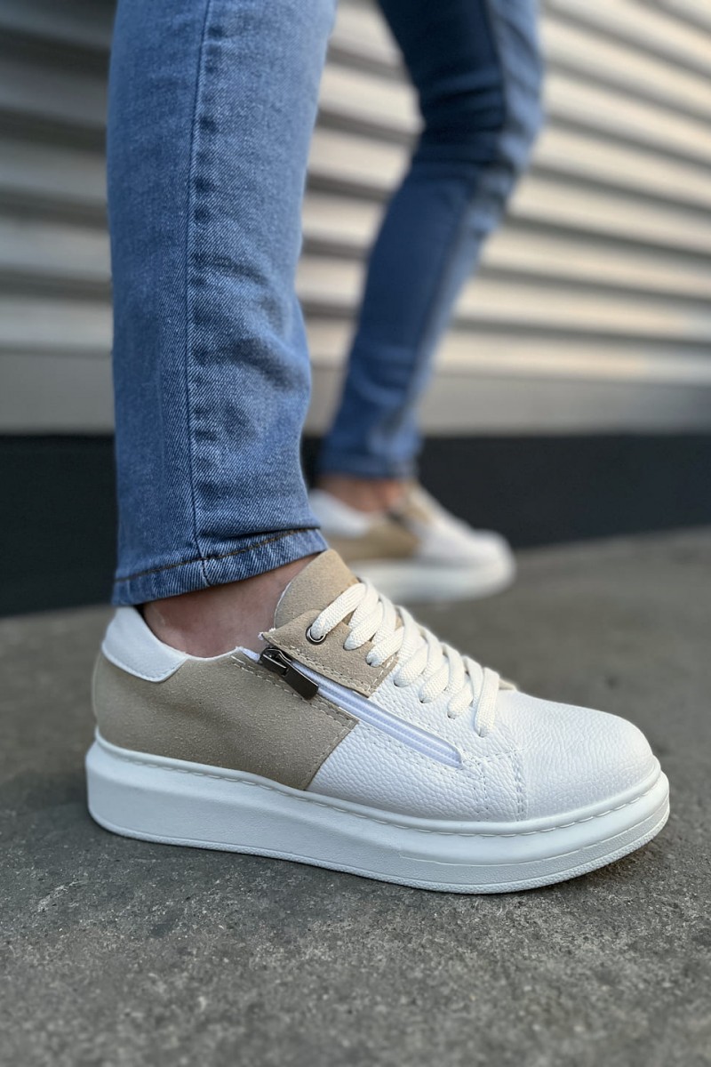 JY155 Warrior Bağcıklı ve Fermuarlı Cilt Süet Erkek Günlük Sneaker Ayakkabı CSBT - Beyaz/Krem