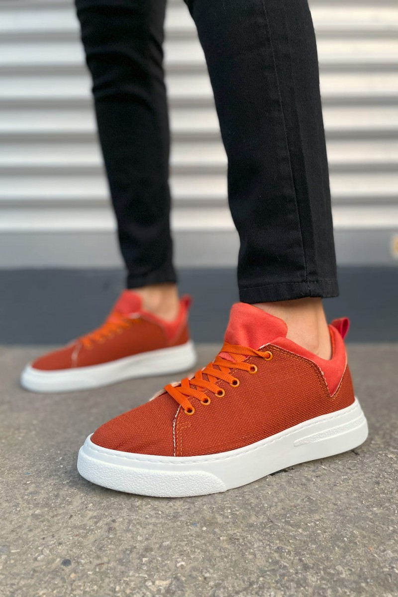 JY204 Flex Bağcıklı Keten Kumaş Erkek Günlük Sneaker Ayakkabı KBT - Turuncu