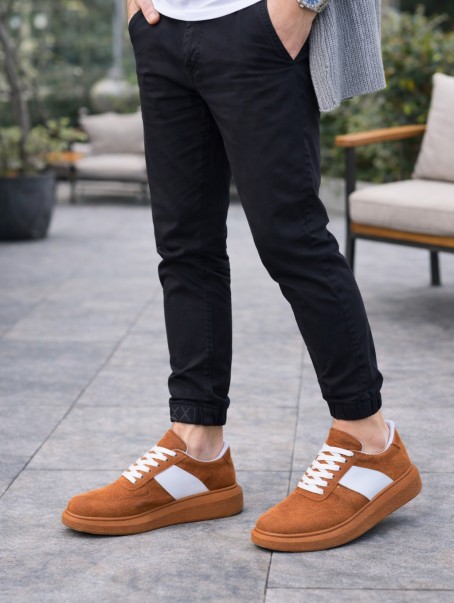 JY011 Line Erkek Günlük Bağcıklı Süet Spor Sneaker Ayakkabı STT - Taba/Beyaz