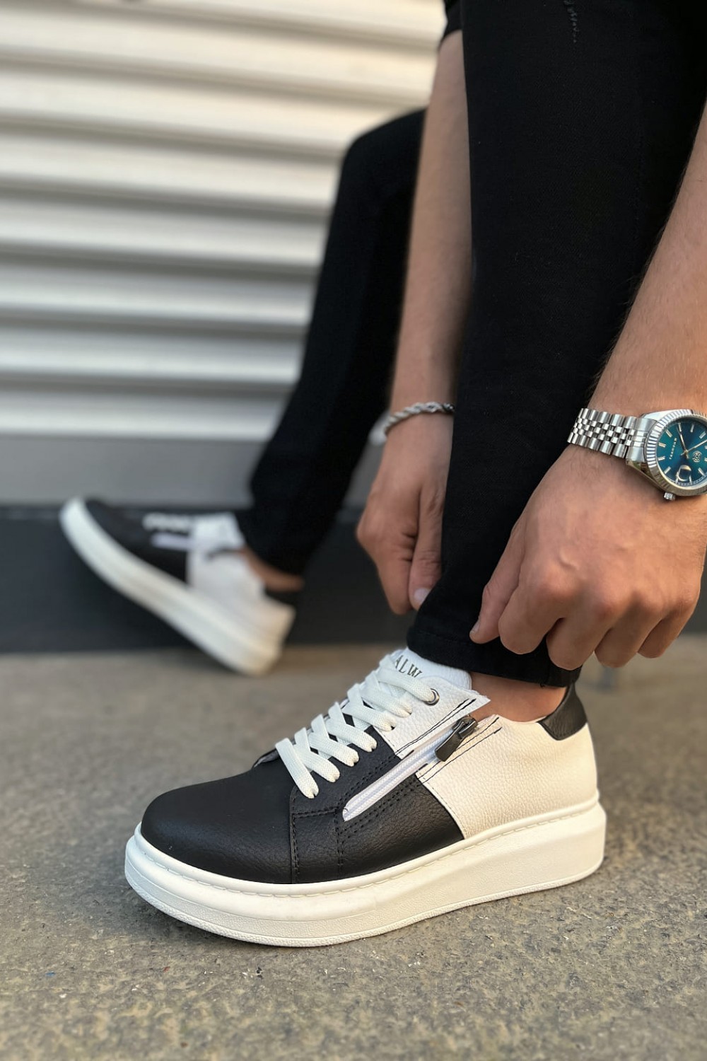 JY155 Warrior Bağcıklı ve Fermuarlı Cilt Erkek Günlük Sneaker Ayakkabı CBT - Beyaz/Siyah