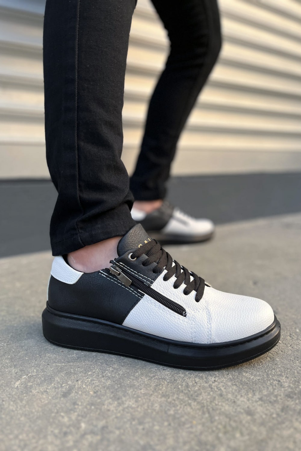 JY155 Warrior Bağcıklı ve Fermuarlı Cilt Erkek Günlük Sneaker Ayakkabı CST - Siyah/Beyaz