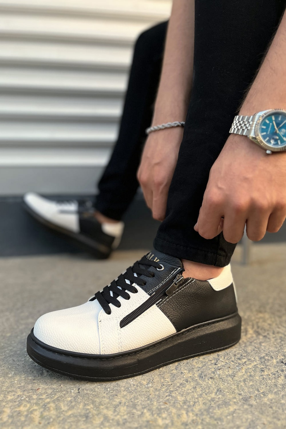 JY155 Warrior Bağcıklı ve Fermuarlı Cilt Erkek Günlük Sneaker Ayakkabı CST - Siyah/Beyaz