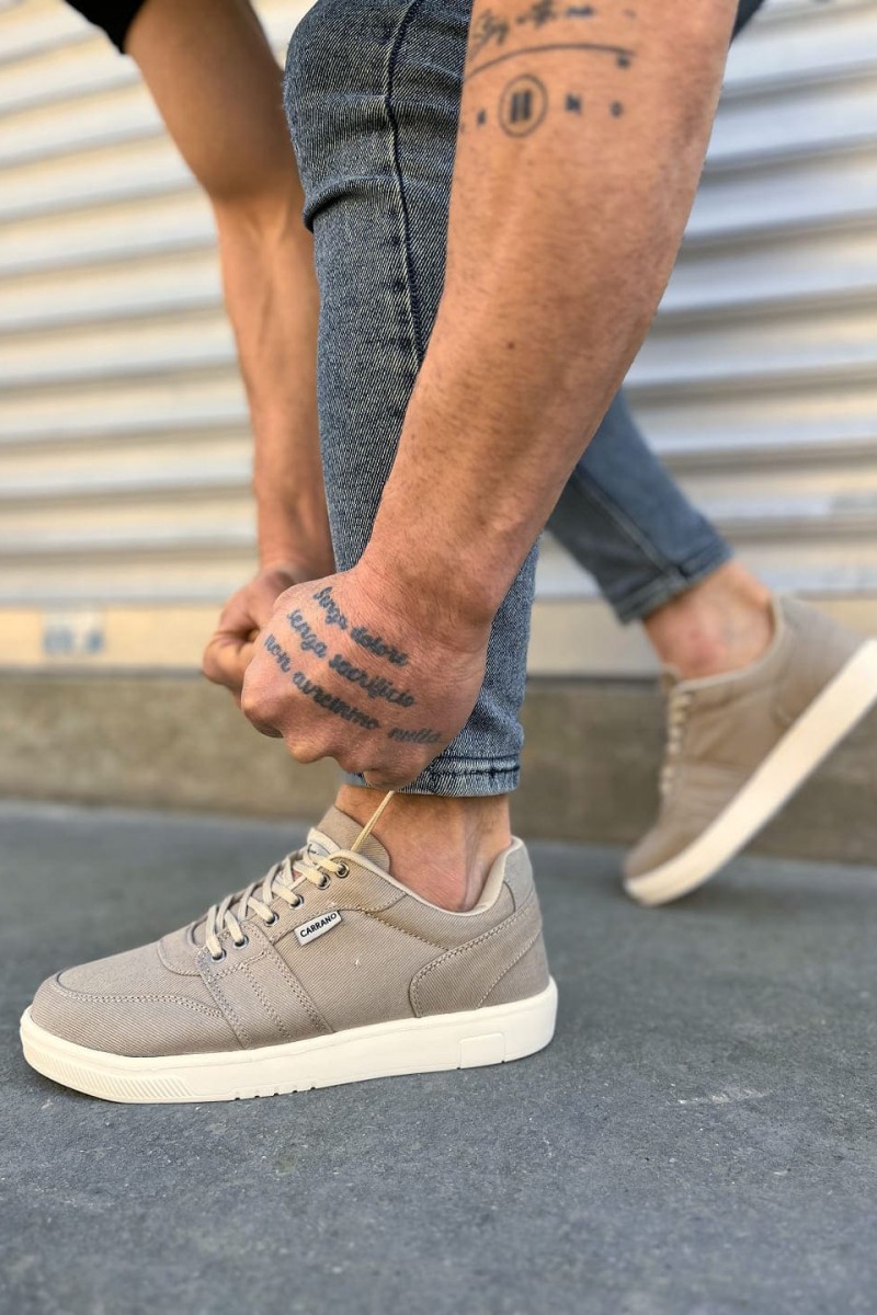 JY0118 REX Bağcıklı Keten Kumaş Erkek Günlük Sneaker Ayakkabı KKT - Bej