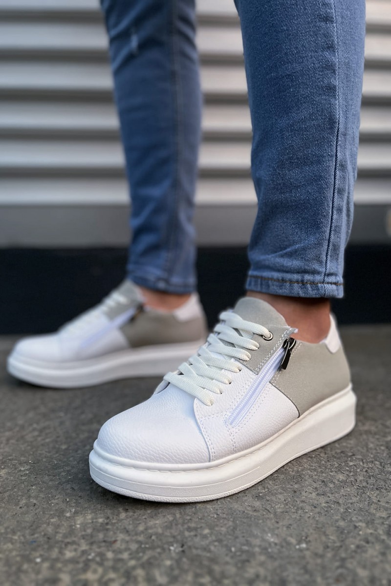 JY155 Warrior Bağcıklı ve Fermuarlı Cilt Süet Erkek Günlük Sneaker Ayakkabı CSBT - Beyaz/Gri