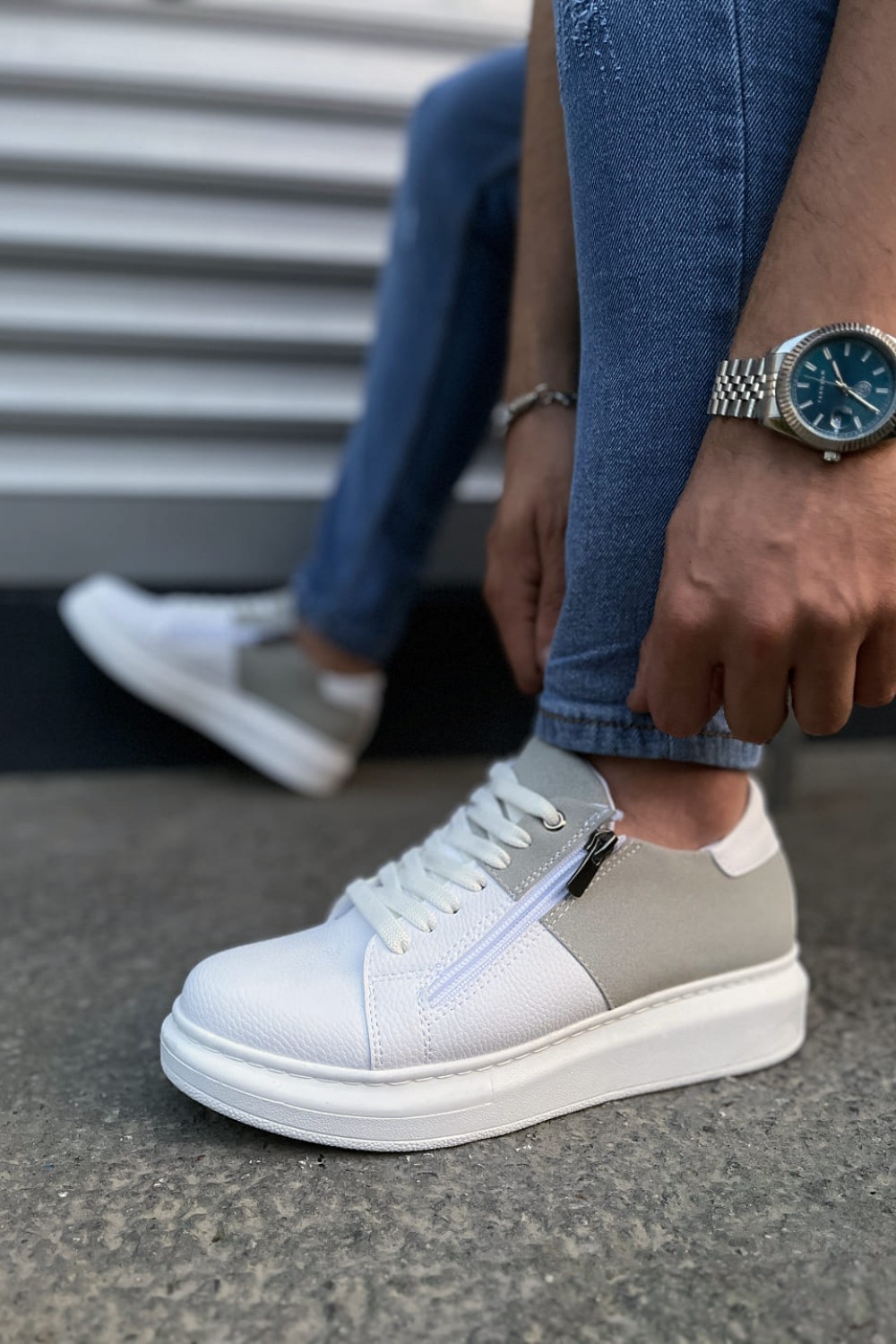 JY155 Warrior Bağcıklı ve Fermuarlı Cilt Süet Erkek Günlük Sneaker Ayakkabı CSBT - Beyaz/Gri