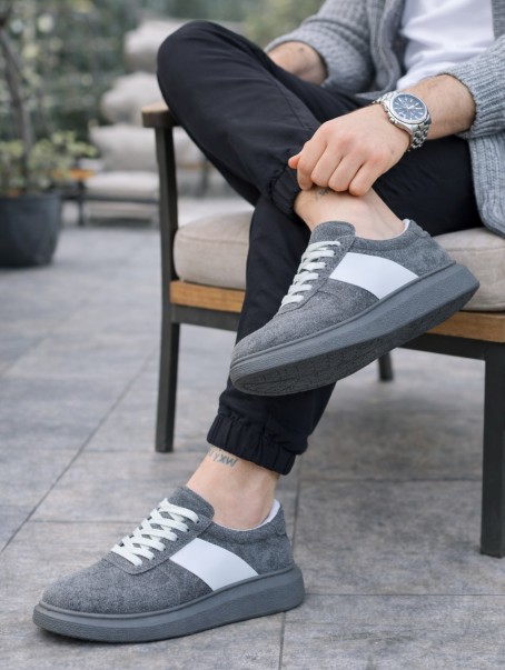 JY011 Line Erkek Günlük Bağcıklı Süet Spor Sneaker Ayakkabı SGT - Gri/Beyaz