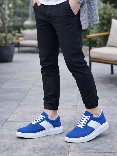 JY011 Line Erkek Günlük Bağcıklı Süet Spor Sneaker Ayakkabı SBT - Mavi/Beyaz