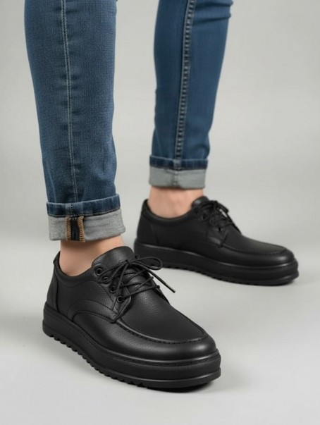 JY-T12x Arts Bağcıklı Cilt Erkek Günlük Spor Klasik Ayakkabı CST - Siyah