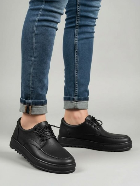 JY-T12x Arts Bağcıklı Cilt Erkek Günlük Spor Klasik Ayakkabı CST - Siyah