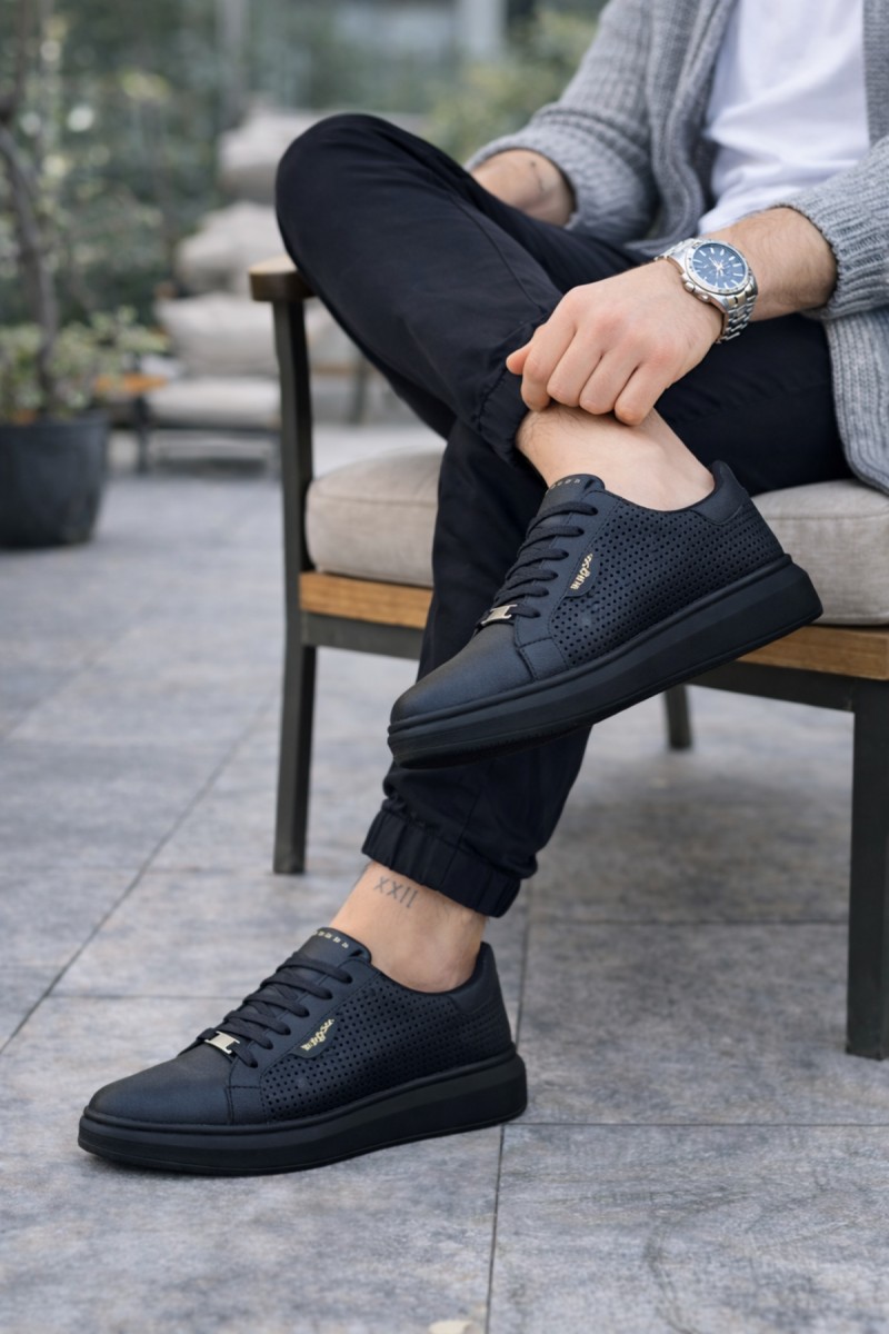 JY01 Bront Bağcıklı Cilt Delikli Erkek Günlük Sneaker Ayakkabı CST Siyah