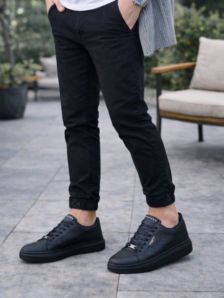 JY01 Bront Bağcıklı Cilt Delikli Erkek Günlük Sneaker Ayakkabı CST Siyah