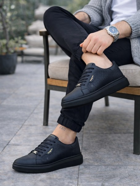 JY01 Bront Bağcıklı Cilt Delikli Erkek Günlük Sneaker Ayakkabı CST Siyah