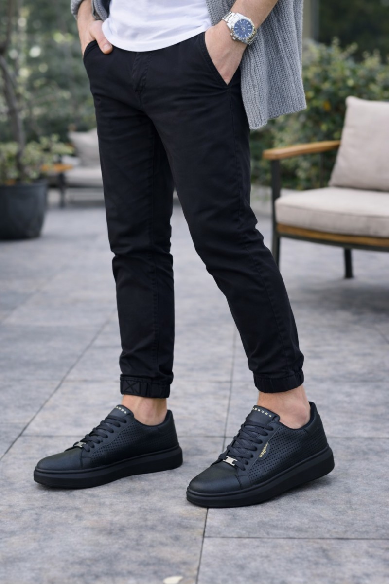 JY01 Bront Bağcıklı Cilt Delikli Erkek Günlük Sneaker Ayakkabı CST Siyah
