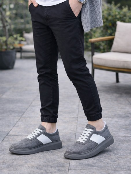 JY011 Line Erkek Günlük Bağcıklı Süet Spor Sneaker Ayakkabı SGT - Gri/Beyaz