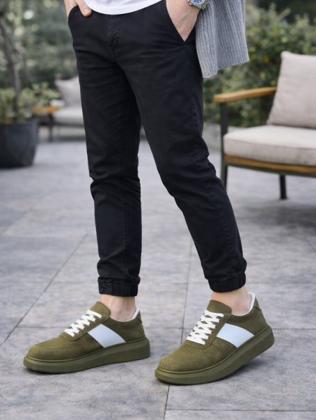 JY011 Line Erkek Günlük Bağcıklı Süet Spor Sneaker Ayakkabı SHT - Haki/Beyaz