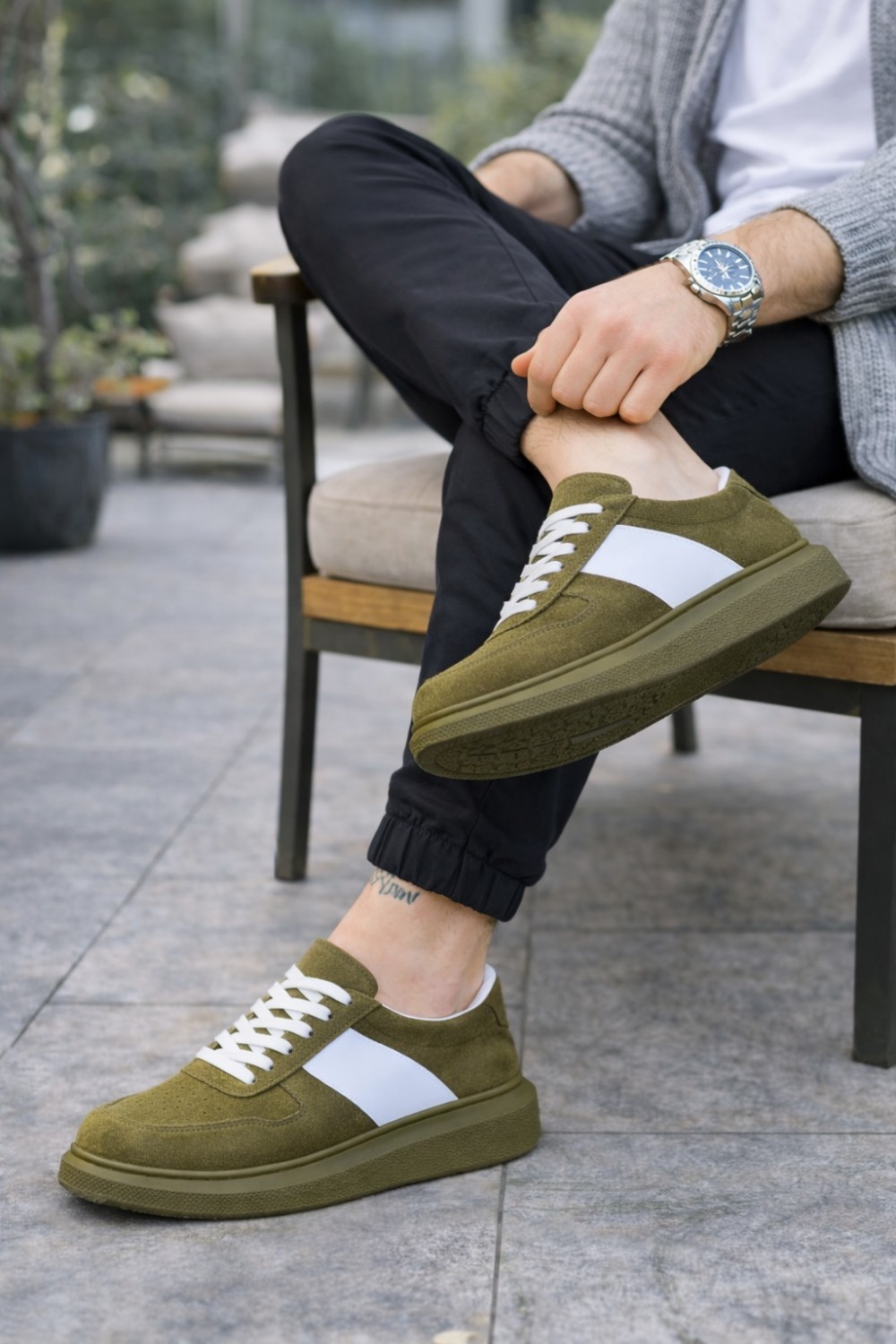 JY011 Line Erkek Günlük Bağcıklı Süet Spor Sneaker Ayakkabı SHT - Haki/Beyaz - XML Bayilik ve Dropshipping