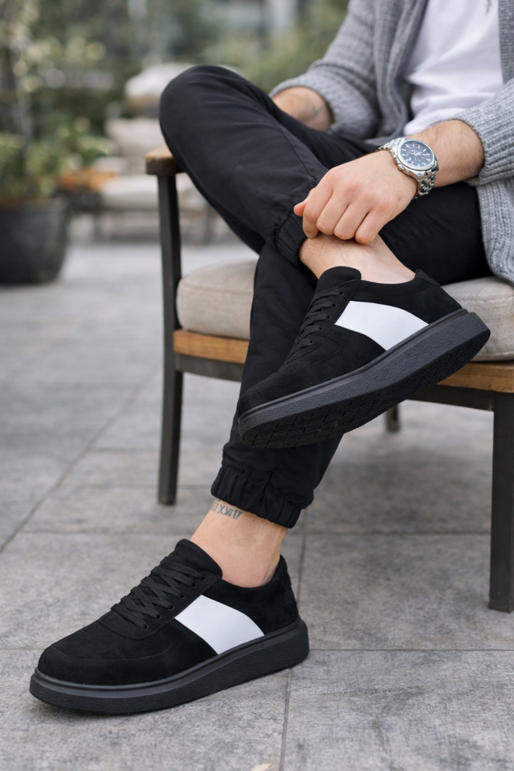 JY011 Line Erkek Günlük Bağcıklı Süet Spor Sneaker Ayakkabı SST - Siyah/Beyaz - XML Bayilik ve Dropshipping