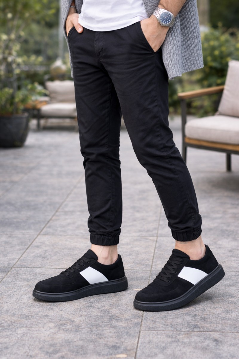 JY011 Line Erkek Günlük Bağcıklı Süet Spor Sneaker Ayakkabı SST - Siyah/Beyaz