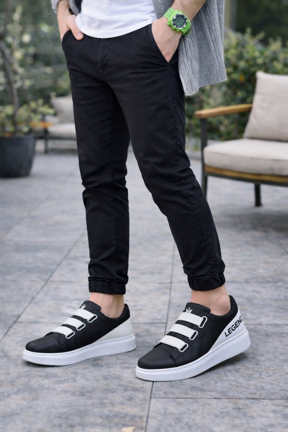 JY029 Mono Bağcıksız 3 Bantlı Lastikli Legend Cilt Erkek Günlük Sneaker Ayakkabı CBT - Siyah/Beyaz - XML Bayilik ve Dropshipping