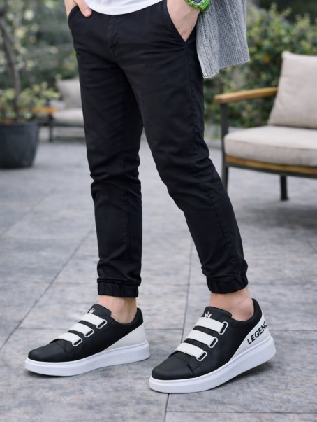 JY029 Mono Bağcıksız 3 Bantlı Lastikli Legend Cilt Erkek Günlük Sneaker Ayakkabı CBT - Siyah/Beyaz