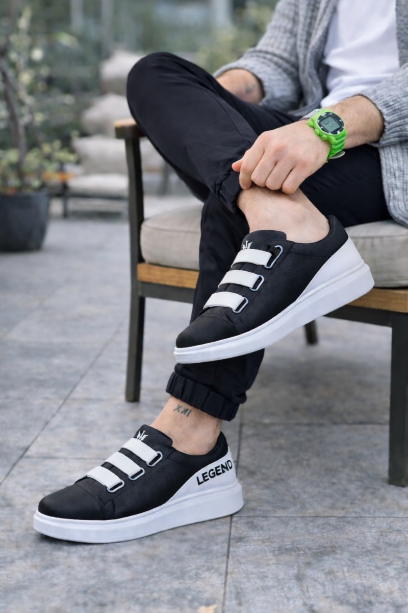 JY029 Mono Bağcıksız 3 Bantlı Lastikli Legend Cilt Erkek Günlük Sneaker Ayakkabı CBT - Siyah/Beyaz