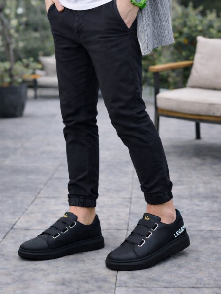 JY029 Mono Bağcıksız 3 Bantlı Lastikli Legend Cilt Erkek Günlük Sneaker Ayakkabı CST - Siyah