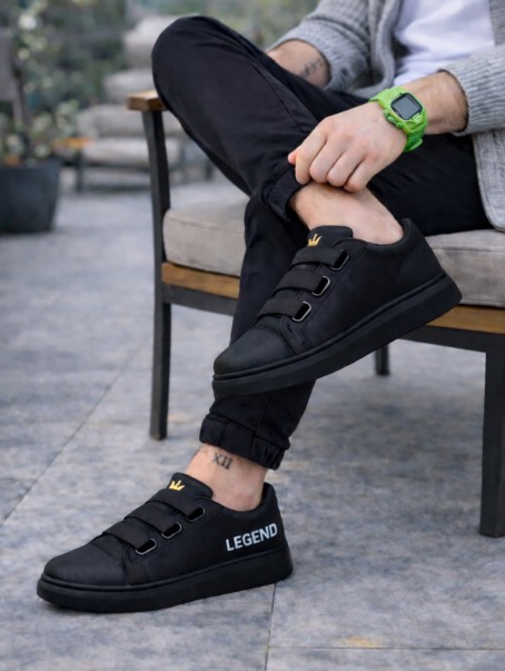 JY029 Mono Bağcıksız 3 Bantlı Lastikli Legend Cilt Erkek Günlük Sneaker Ayakkabı CST - Siyah