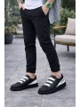 JY029 Mono Bağcıksız 3 Bantlı Lastikli Legend Cilt Erkek Günlük Sneaker Ayakkabı CST - Siyah/Beyaz