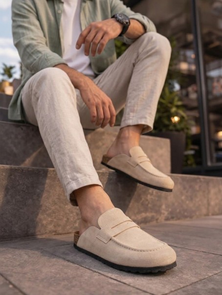 JY0456 Rayn Bağcıksız Hakiki Süet Deri Erkek Günlük Mantar Taban Loafer Klasik Ayakkabı HDMT - Krem