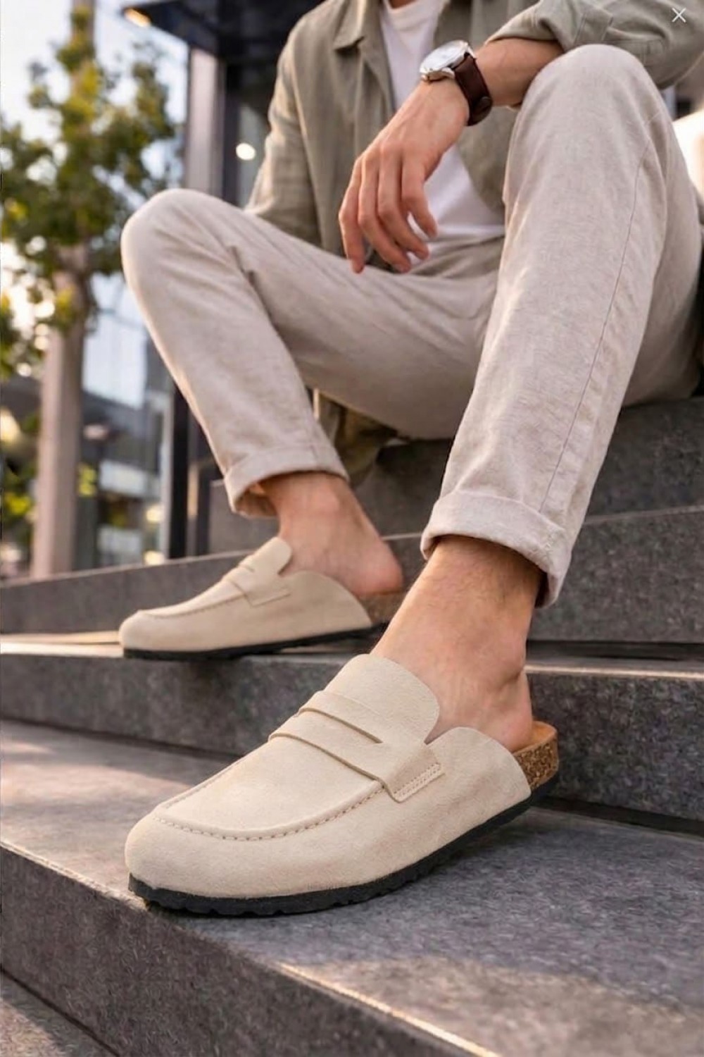 JY0456 Rayn Bağcıksız Hakiki Süet Deri Erkek Günlük Mantar Taban Loafer Klasik Ayakkabı HDMT - Krem - XML Bayilik ve Dropshipping